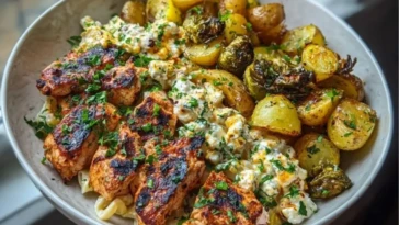 Smoked Paprika Chicken Alfredo with Feta-Tahini Cream & Crispy Brussels-Potato Combo Wedges 1