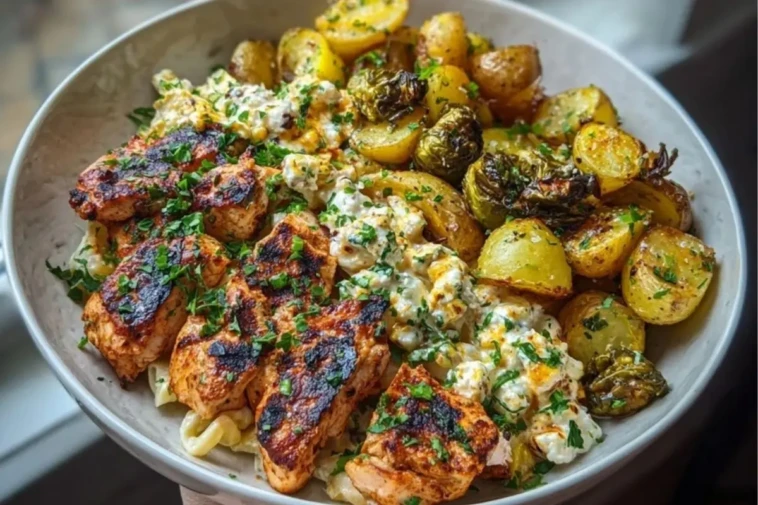 Smoked Paprika Chicken Alfredo with Feta-Tahini Cream & Crispy Brussels-Potato Combo Wedges 1