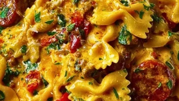 Spicy Cajun Bowtie Pasta with Beef, Sausage & Creamy Garlic Sauce 2