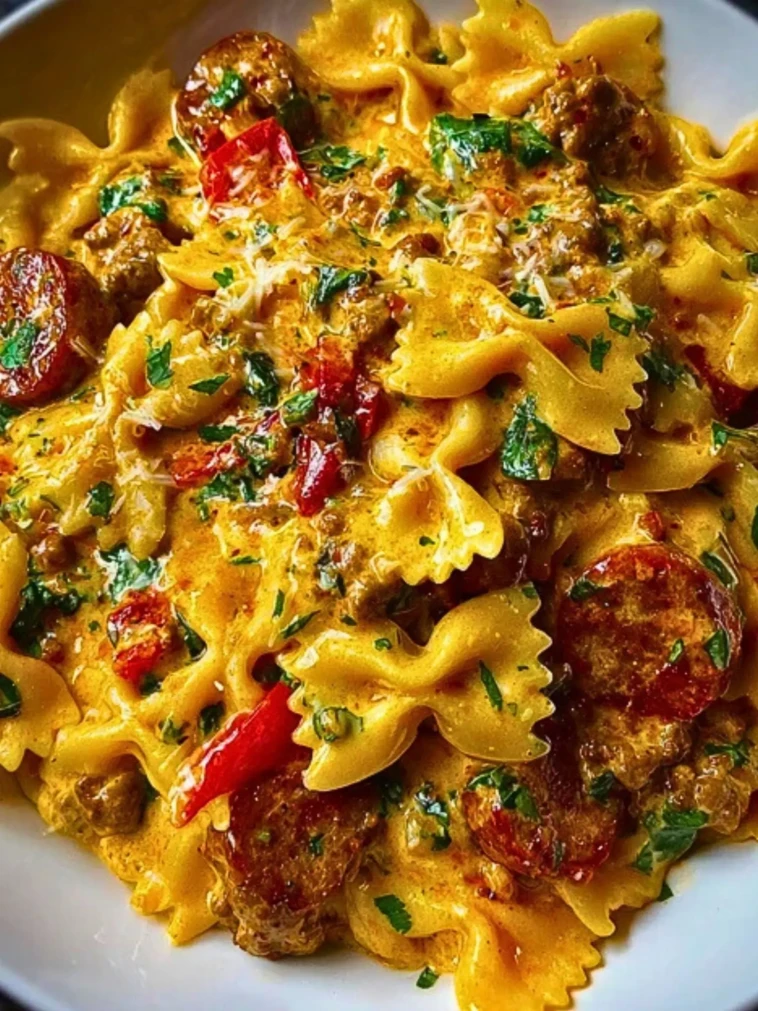 Spicy Cajun Bowtie Pasta with Beef, Sausage & Creamy Garlic Sauce 2