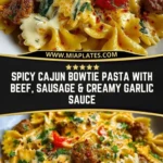 Spicy Cajun Bowtie Pasta with Beef, Sausage & Creamy Garlic Sauce Pin
