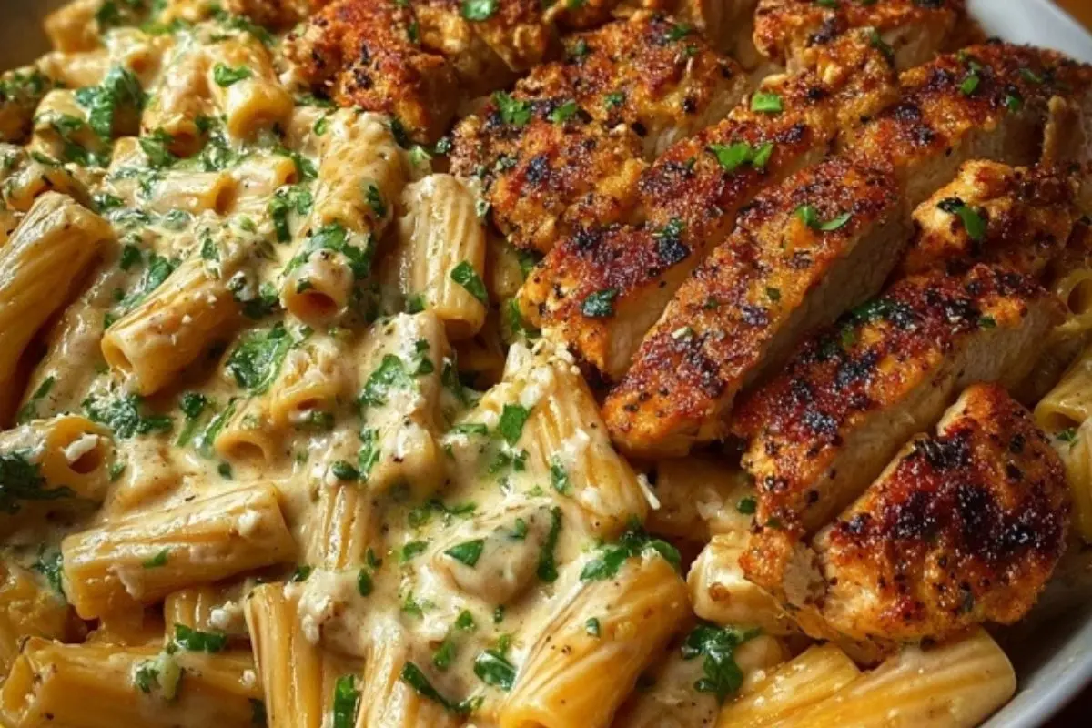 Spicy Cajun Chicken Rigatoni in Creamy Mozzarella Alfredo