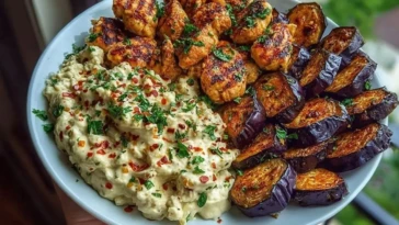 Spicy Whipped Feta Chicken Alfredo with Crispy Eggplant Wedges & Chili Oil Drizzle 1