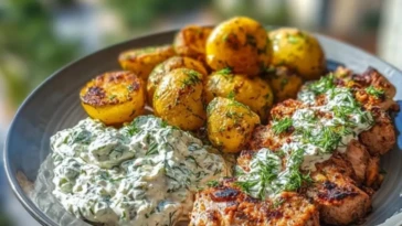 Spicy Yogurt Marinated Chicken with Dill Feta Cream & Crispy Baby Potatoes 1