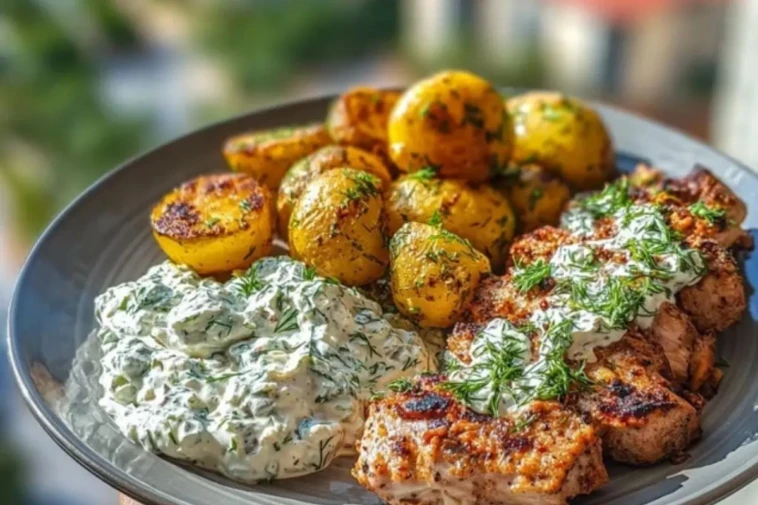 Spicy Yogurt Marinated Chicken with Dill Feta Cream & Crispy Baby Potatoes 1