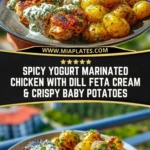Spicy Yogurt Marinated Chicken with Dill Feta Cream & Crispy Baby Potatoes Pin