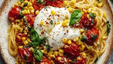 Burrata Pasta with Roasted Tomatoes, Fresh Basil & Sweet Corn