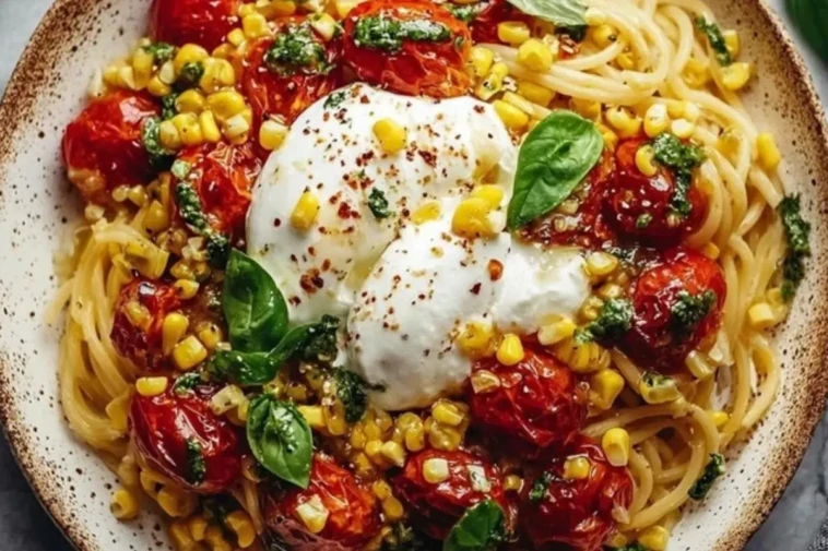Burrata Pasta with Roasted Tomatoes, Fresh Basil & Sweet Corn