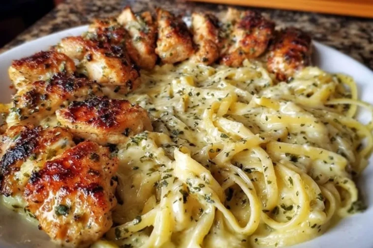 Cheesy Alfredo Linguine with Golden Garlic Butter Chicken in Creamy Sauce 1