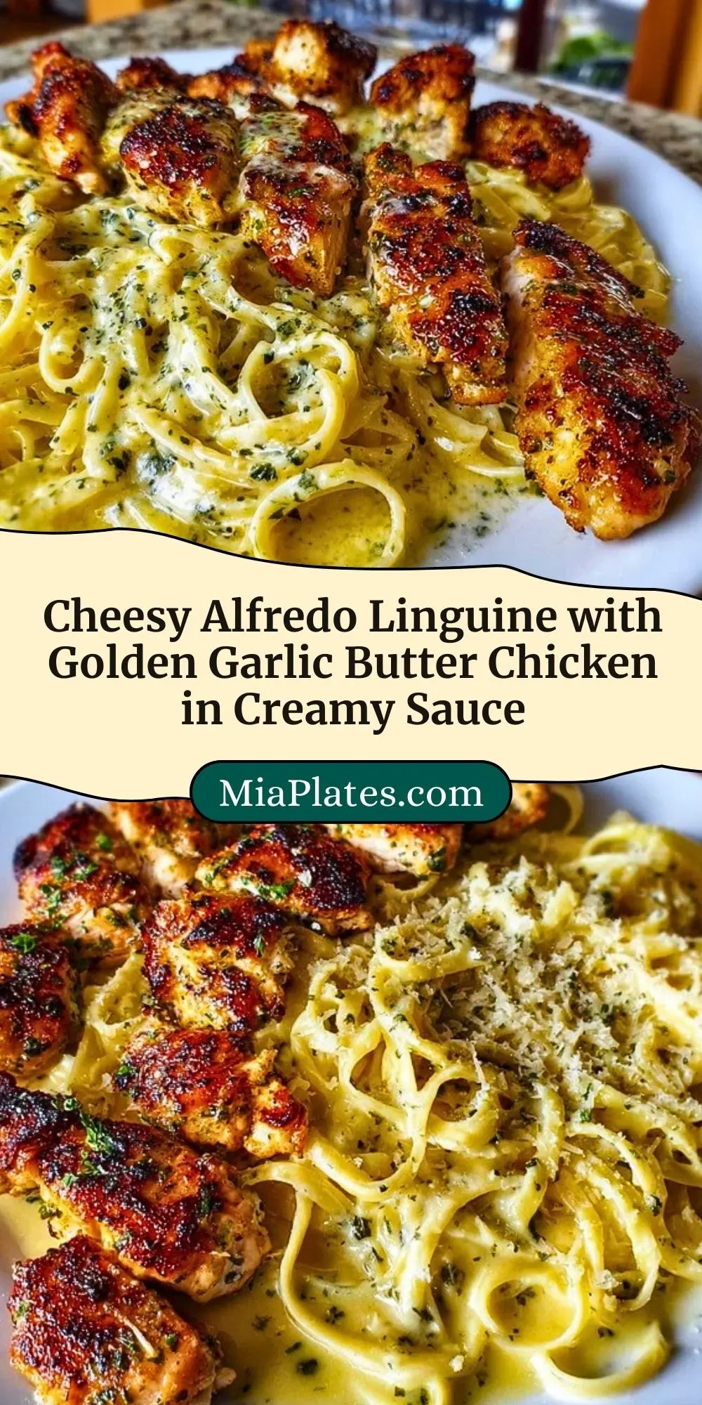 Cheesy Alfredo Linguine with Golden Garlic Butter Chicken in Creamy Sauce Pin 2