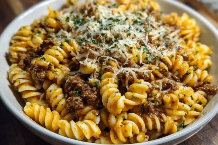 Cheesy Garlic Twisted Pasta with Cajun Ground Beef and Alfredo Velveeta 1