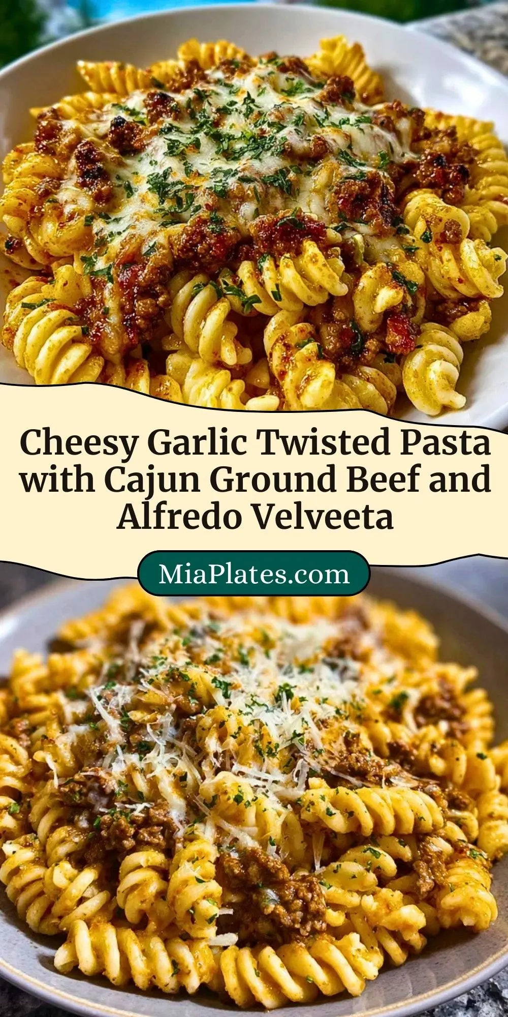 Cheesy Garlic Twisted Pasta with Cajun Ground Beef and Alfredo Velveeta Pin 2