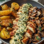 Chestnut Garlic Greek Chicken Alfredo with Sage Potatoes & Mushroom Basil Pesto 1