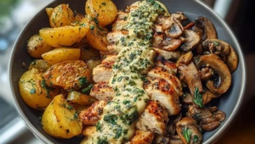 Chestnut Garlic Greek Chicken Alfredo with Sage Potatoes & Mushroom Basil Pesto 1