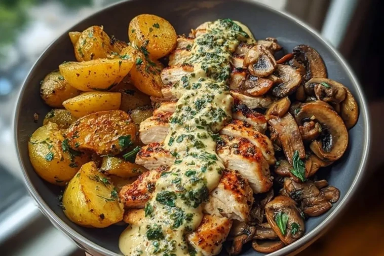 Chestnut Garlic Greek Chicken Alfredo with Sage Potatoes & Mushroom Basil Pesto 1