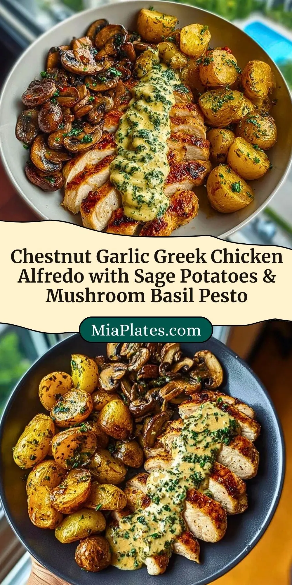 Chestnut Garlic Greek Chicken Alfredo with Sage Potatoes & Mushroom Basil Pesto Pin 2