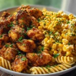 Chili Garlic Butter Chicken Bites with Creamy Cajun Corn Alfredo Twists 1