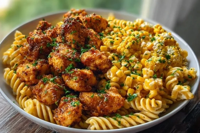 Chili Garlic Butter Chicken Bites with Creamy Cajun Corn Alfredo Twists 1