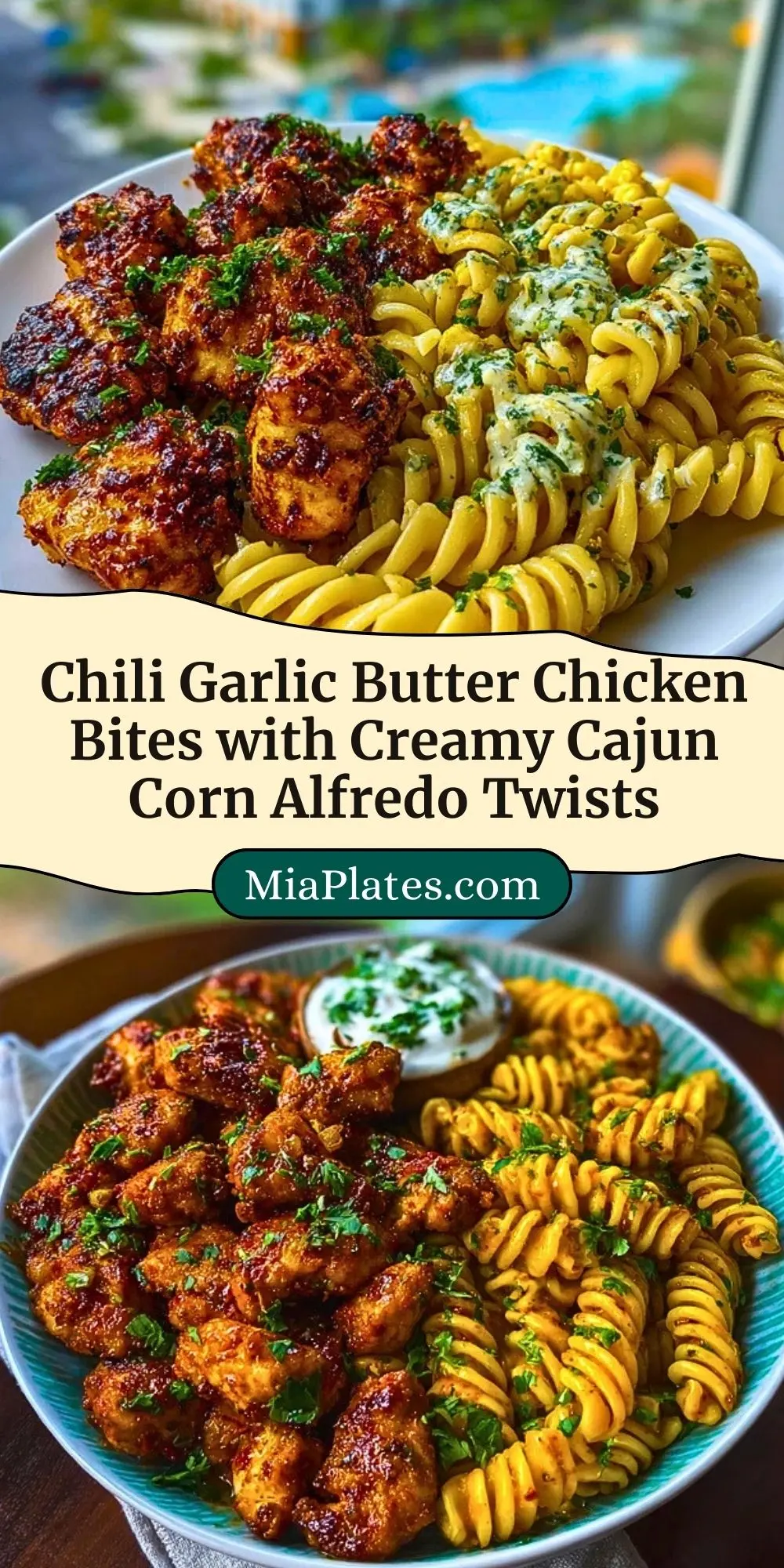 Chili Garlic Butter Chicken Bites with Creamy Cajun Corn Alfredo Twists Pin 2