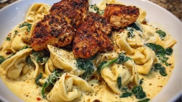Creamy Chicken Tortellini with Spinach and Garlic Parmesan Cheese