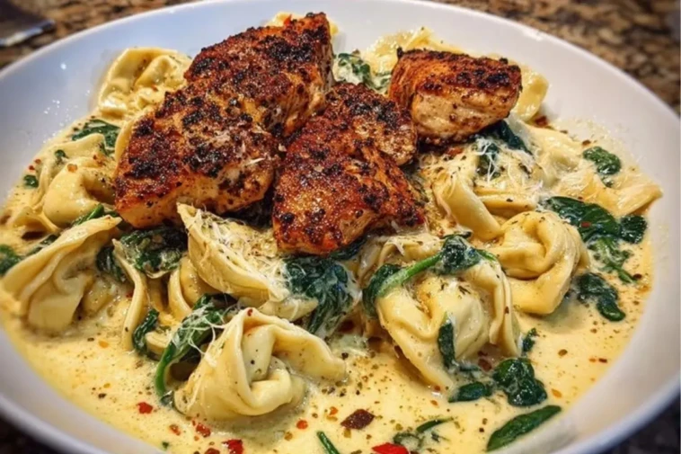 Creamy Chicken Tortellini with Spinach and Garlic Parmesan Cheese