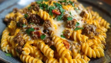 Creamy Mozzarella Rotini with Spicy Cajun Beef and Velveeta Sauce 1