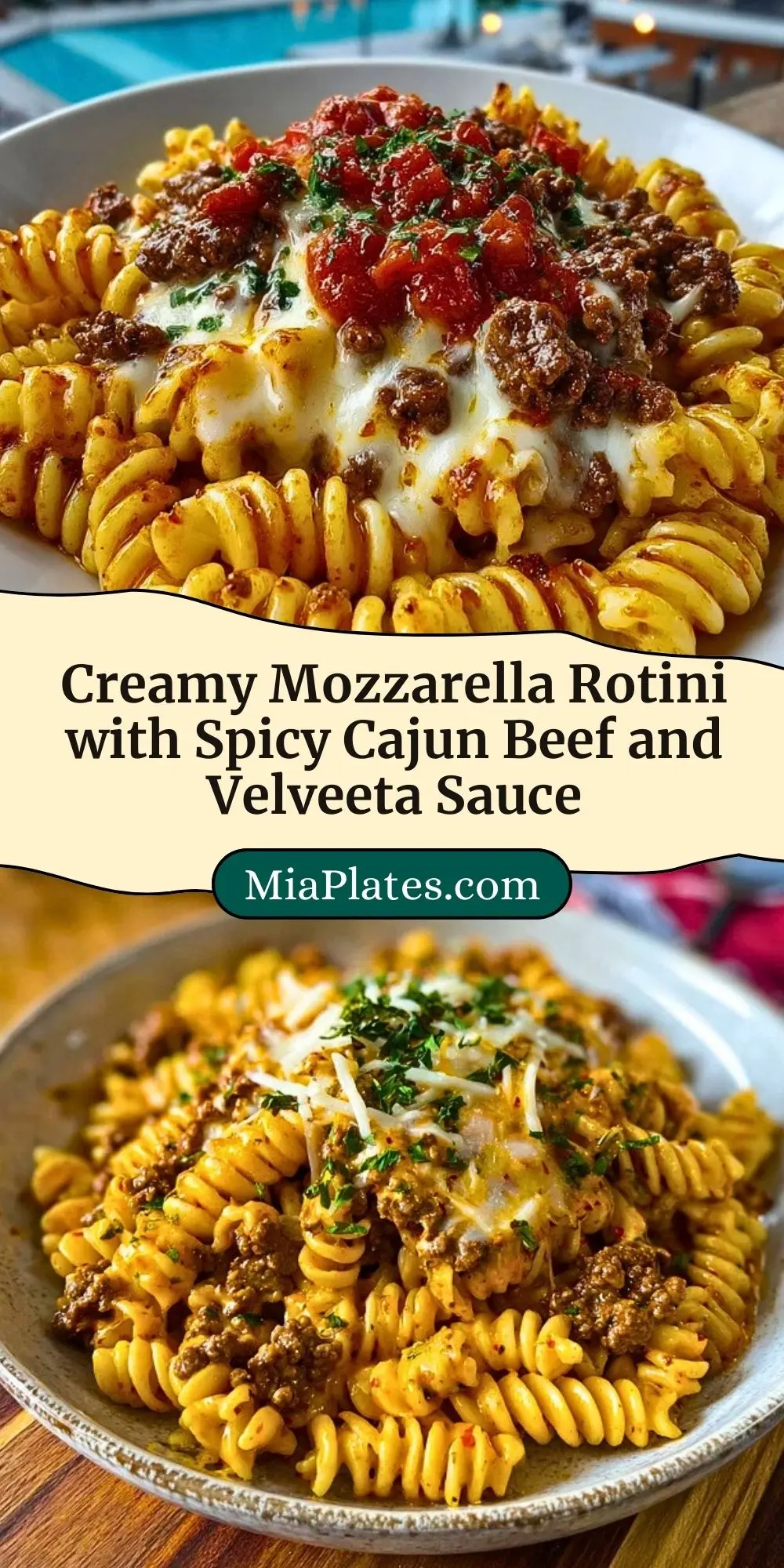 Creamy Mozzarella Rotini with Spicy Cajun Beef and Velveeta Sauce Pin 2