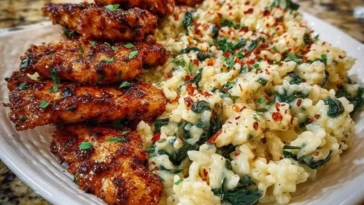 Creamy Parmesan Spinach Rice with Spicy Garlic Chicken 1