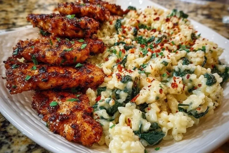 Creamy Parmesan Spinach Rice with Spicy Garlic Chicken 1