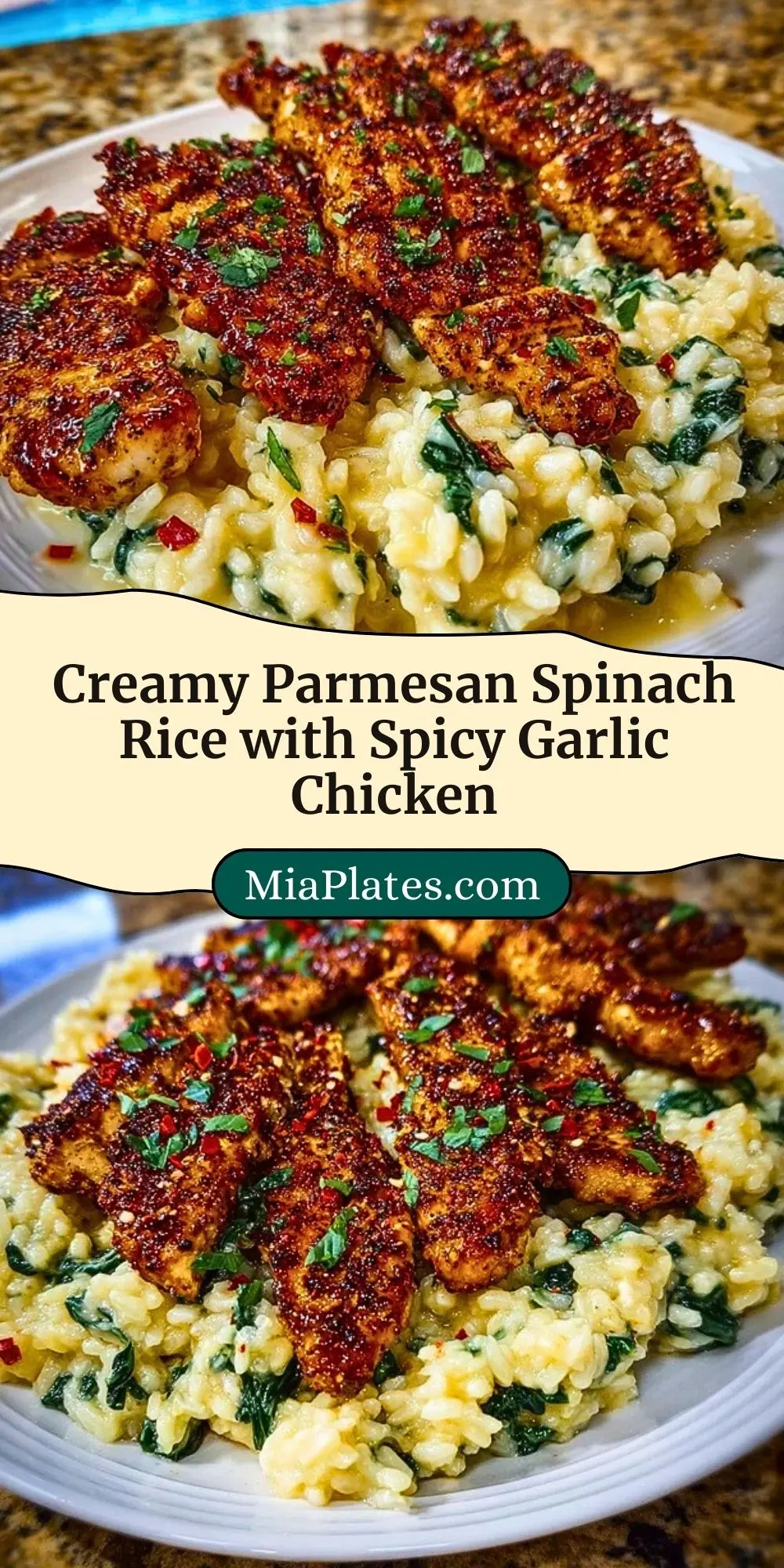 Creamy Parmesan Spinach Rice with Spicy Garlic Chicken Pin 2 (1)