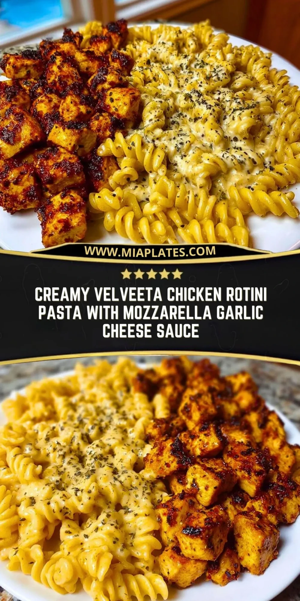 Creamy Velveeta Chicken Rotini Pasta with Mozzarella Garlic Cheese Sauce Pin 1