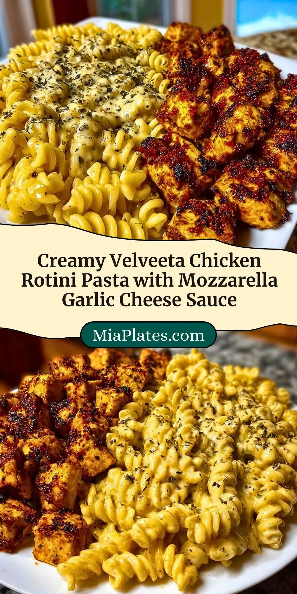 Creamy Velveeta Chicken Rotini Pasta with Mozzarella Garlic Cheese Sauce Pin 2