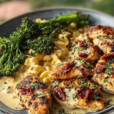 Easy Garlic-Parmesan Chicken Bites Recipe with Sun-Dried Tomato Cajun Alfredo & Charred Broccolini