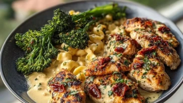 Easy Garlic-Parmesan Chicken Bites Recipe with Sun-Dried Tomato Cajun Alfredo & Charred Broccolini 1