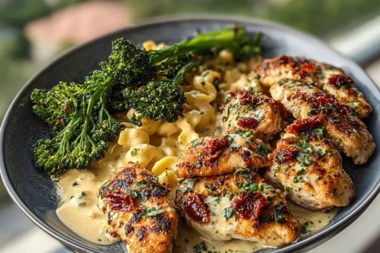 Easy Garlic-Parmesan Chicken Bites Recipe with Sun-Dried Tomato Cajun Alfredo & Charred Broccolini 1