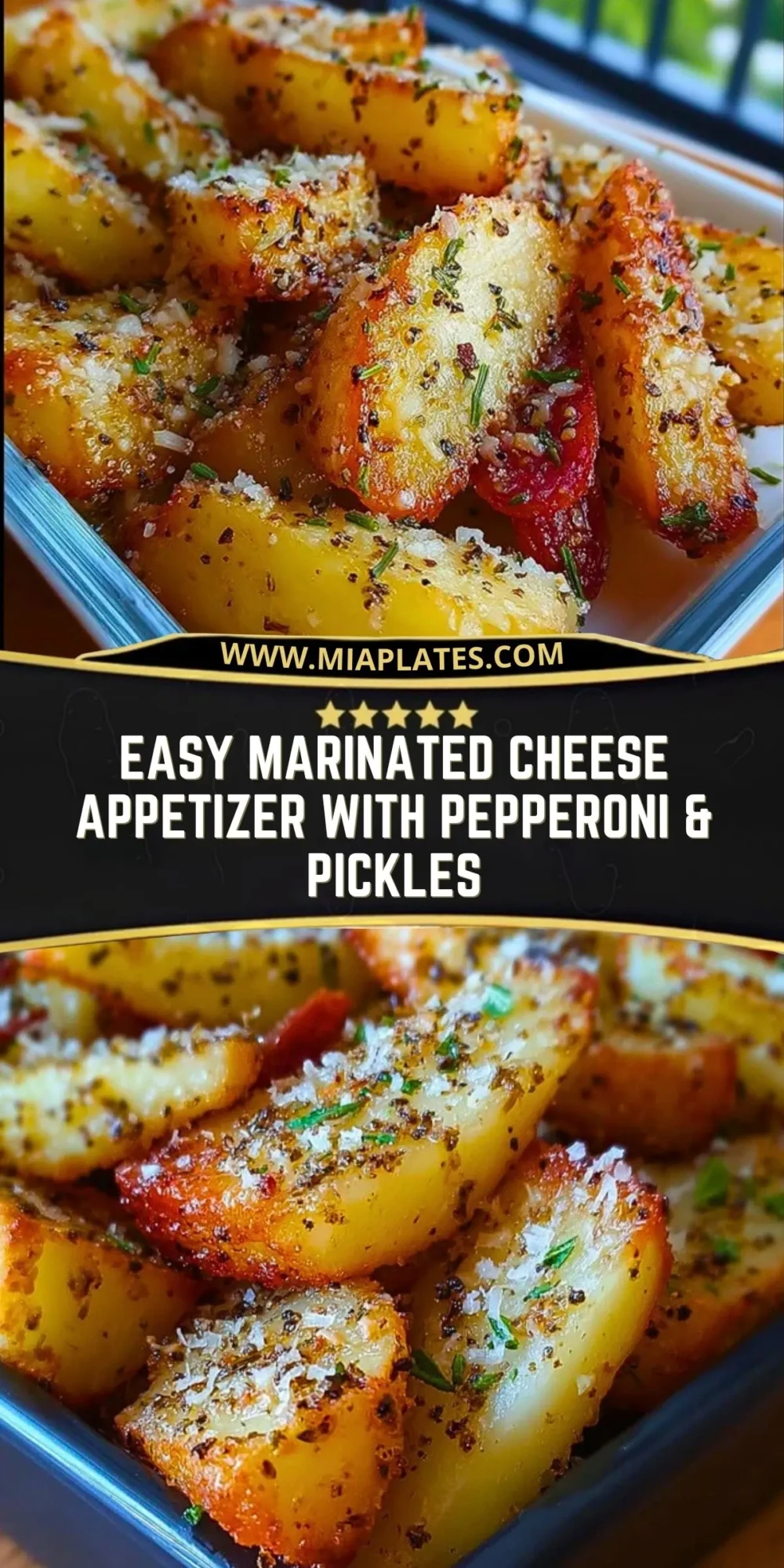 Easy Marinated Cheese Appetizer with Pepperoni & Pickles Pin 1