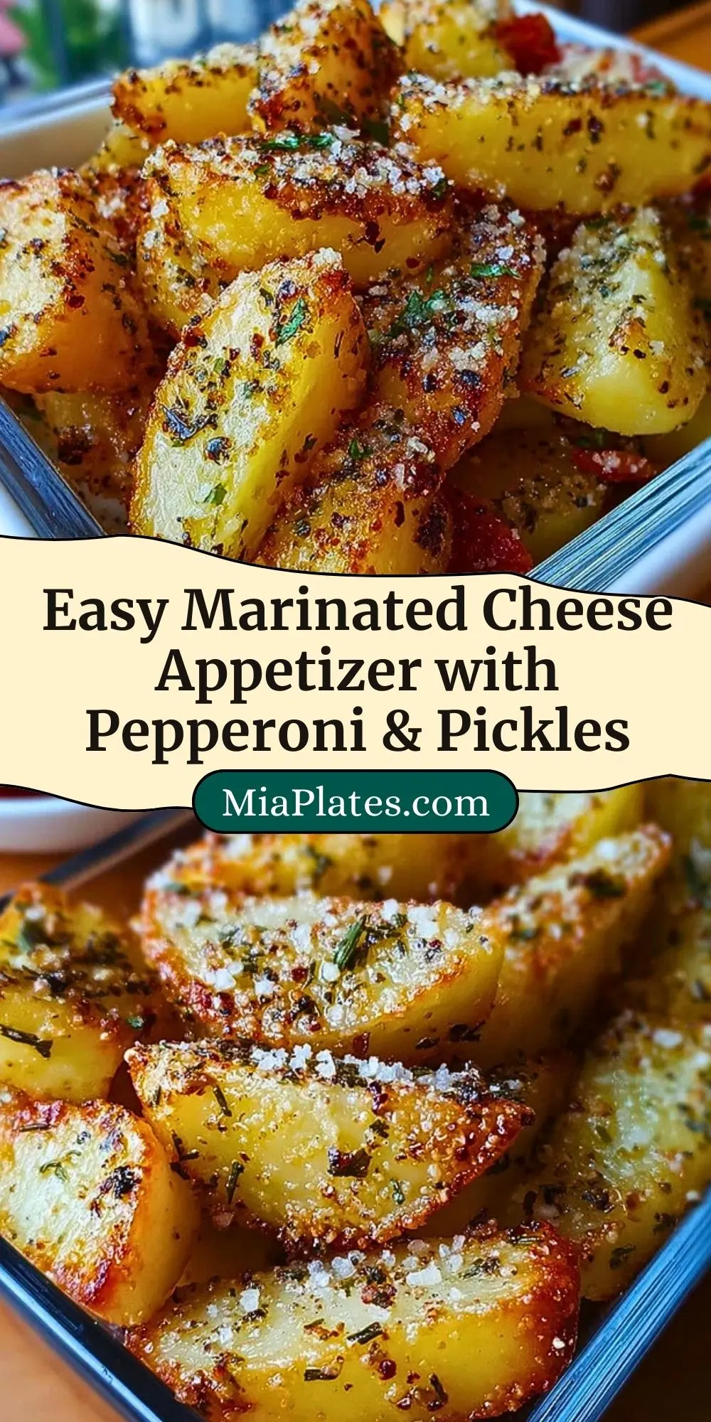 Easy Marinated Cheese Appetizer with Pepperoni & Pickles Pin 2