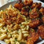 Garlic Butter Chicken Bites & Cajun Alfredo Mac with Crispy Onion Topping 1