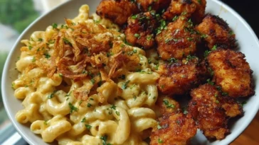 Garlic Butter Chicken Bites & Cajun Alfredo Mac with Crispy Onion Topping 1