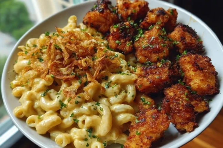 Garlic Butter Chicken Bites & Cajun Alfredo Mac with Crispy Onion Topping 1