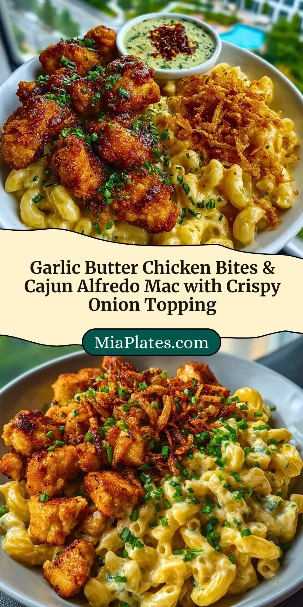 Garlic Butter Chicken Bites & Cajun Alfredo Mac with Crispy Onion Topping Pin 2