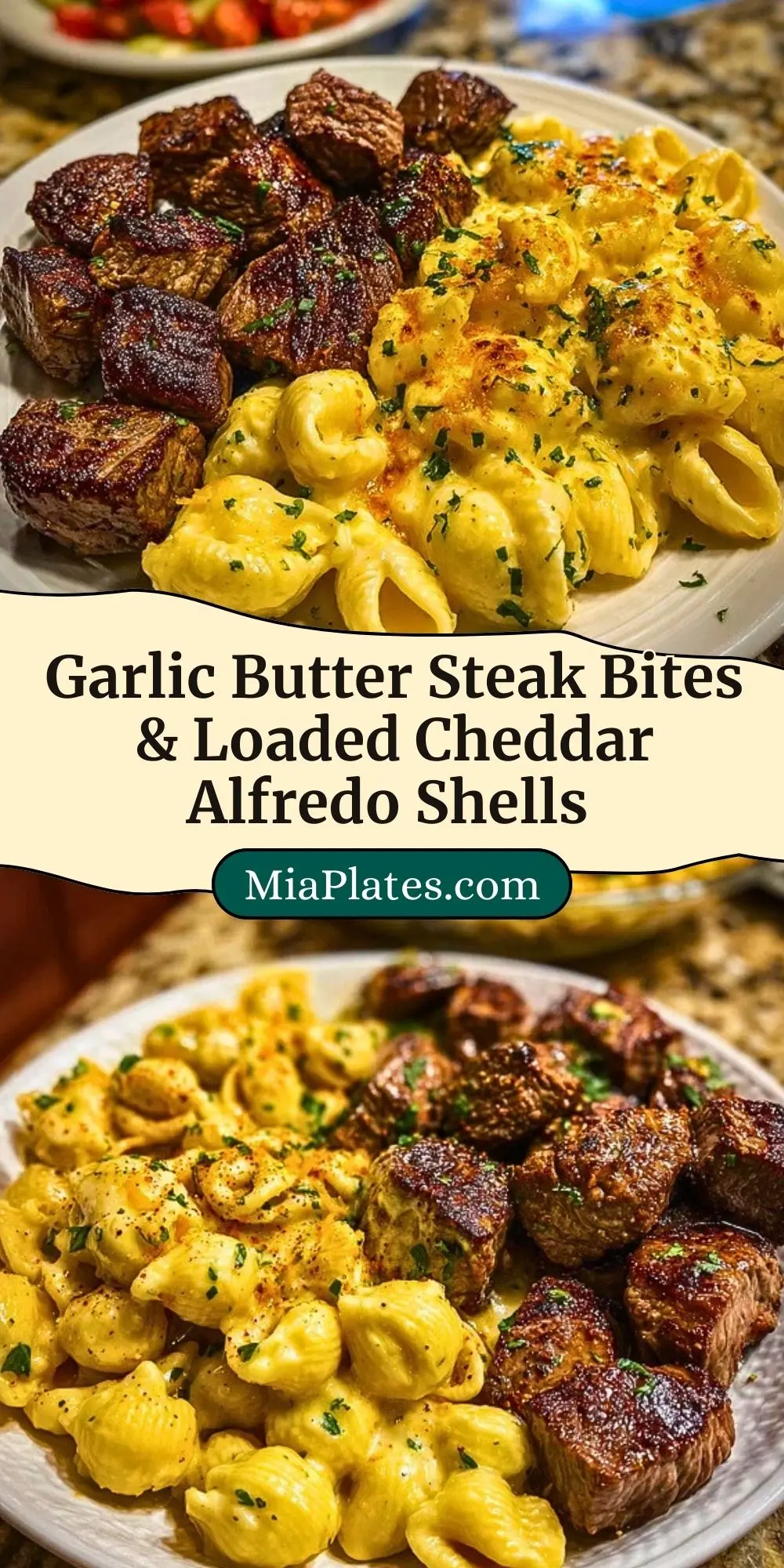 Garlic Butter Steak Bites & Loaded Cheddar Alfredo Shells Pin 2