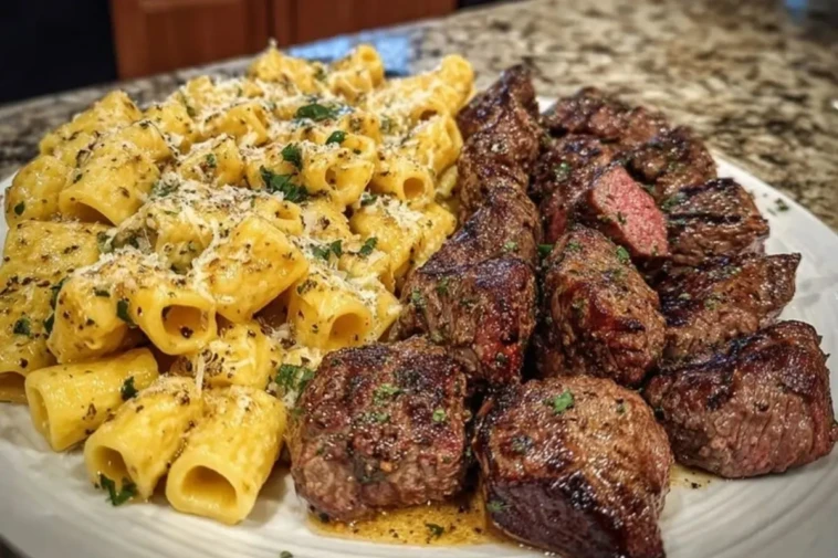 Garlic Butter Steak with Creamy Parmesan Rigatoni 1