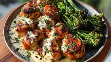 Garlic-Parmesan Chicken Bites with Sun-Dried Tomato Cajun Alfredo & Charred Broccolini 1