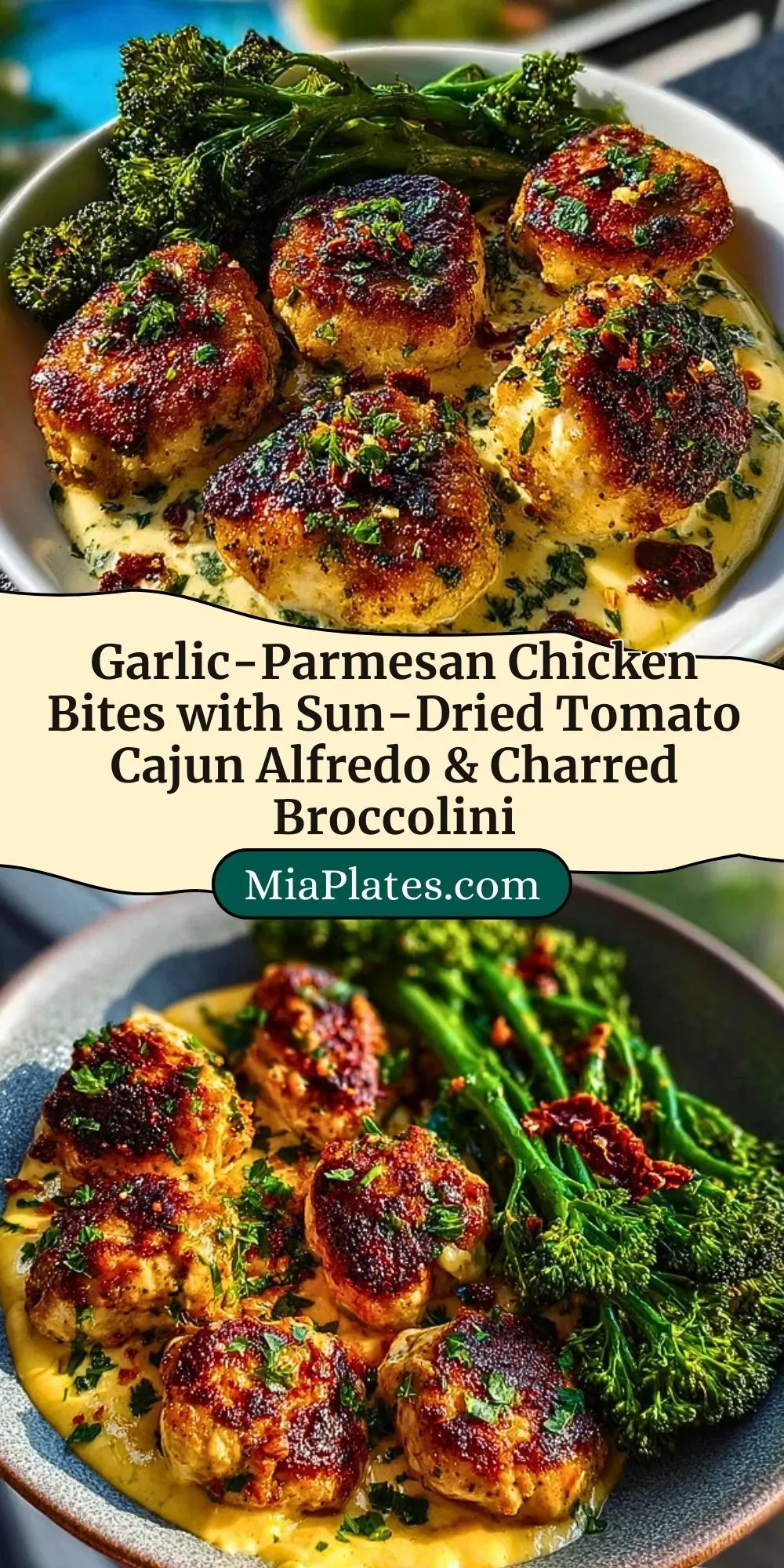 Garlic-Parmesan Chicken Bites with Sun-Dried Tomato Cajun Alfredo & Charred Broccolini Pin 2