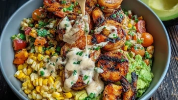 Grilled Shrimp Bowl with Avocado, Corn Salsa & Creamy Sauce 1