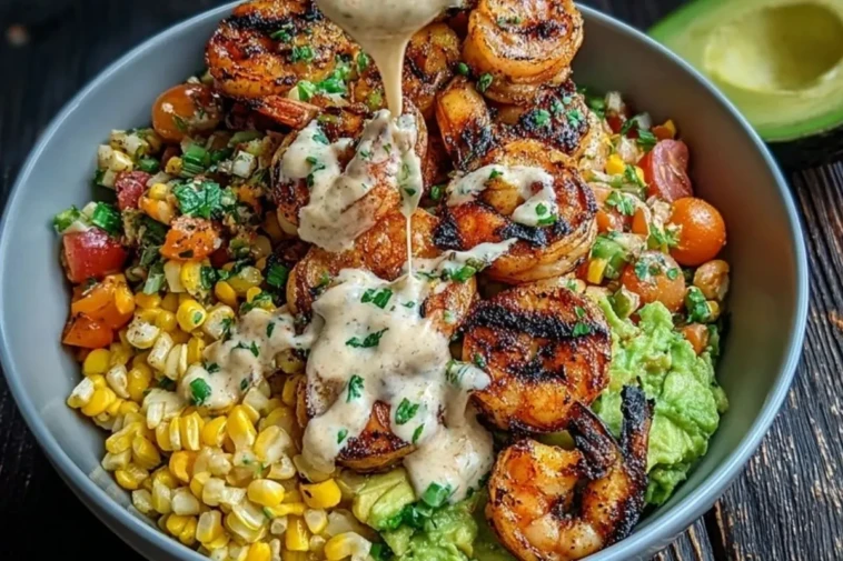 Grilled Shrimp Bowl with Avocado, Corn Salsa & Creamy Sauce 1