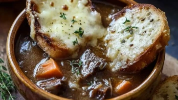Rich French Onion Soup with Tender Short Ribs & Gruyère Bread