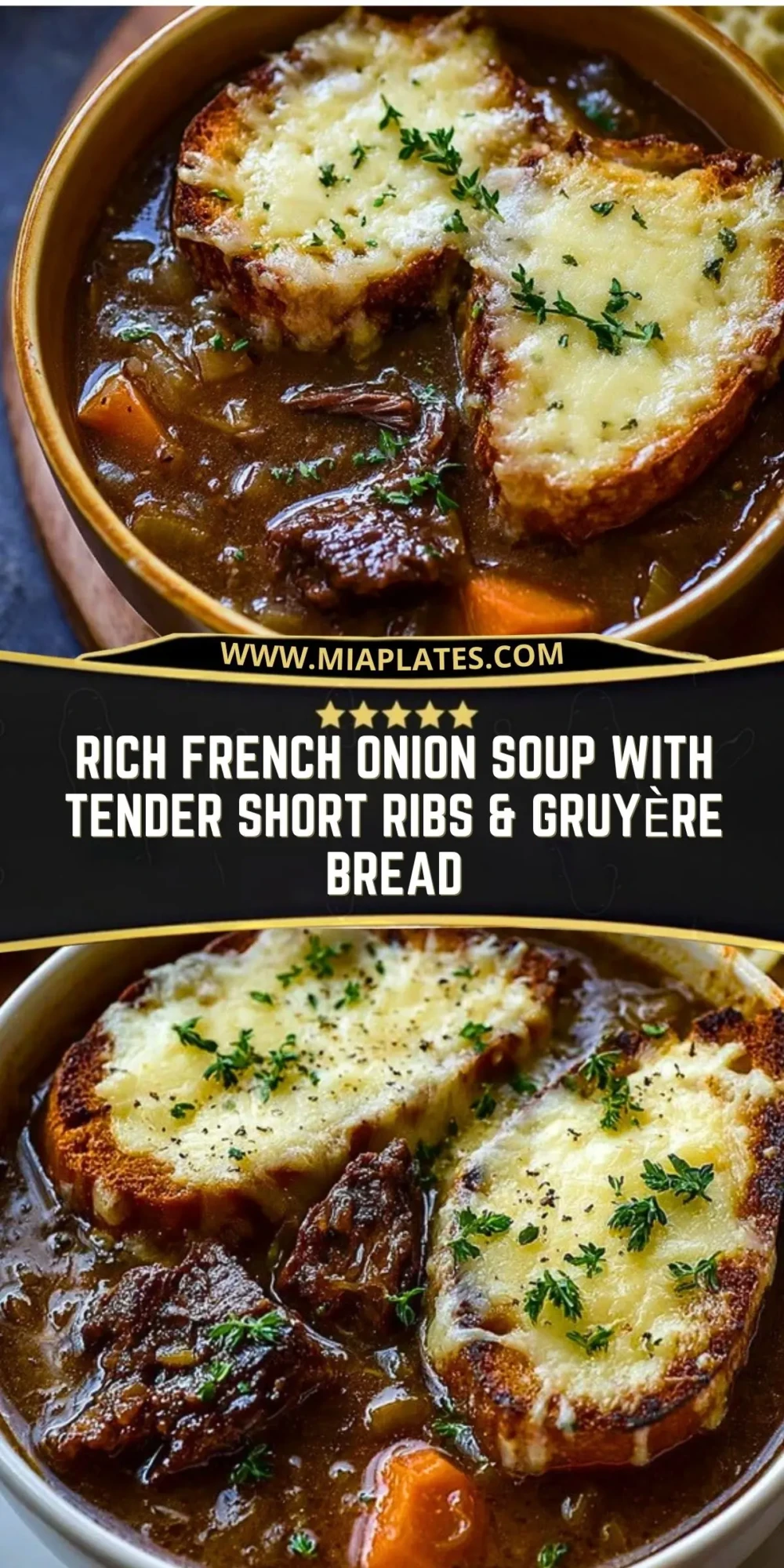 Rich French Onion Soup with Tender Short Ribs & Gruyère Bread Pin 1
