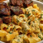 Rigatoni in Garlic Butter Parmesan Cream Sauce with Cajun Steak Tips 1